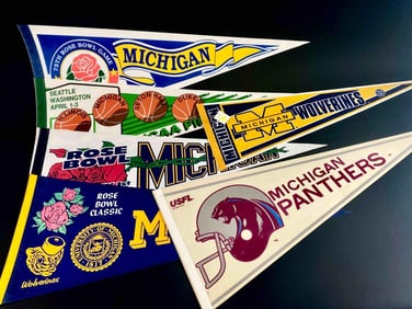 Six 1980s Sports Pennants (University of Michigan, Michigan Panthers, NCAA Final Four, Etc.)