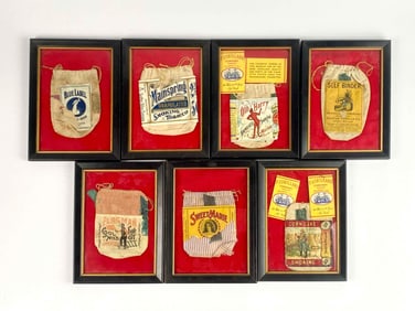Collection of Framed Antique Tobacco Cloth Pouches