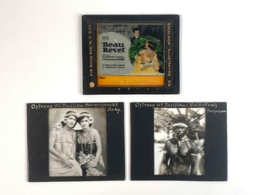 Two Antique Glass Plate Negatives and Colored Glass Slide (Marquesan People, "Beau Revel" Promotion)