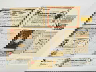 Group of Antique Ephemera (Stock Certificates, Bank Documents, Program, Lottery Ticket, Etc.)