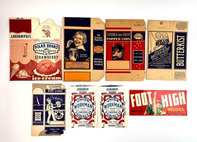 Mid Twentieth Century Packaging and Advertising Materials (Popcorn, Ice Cream, Tobacco, Melons)