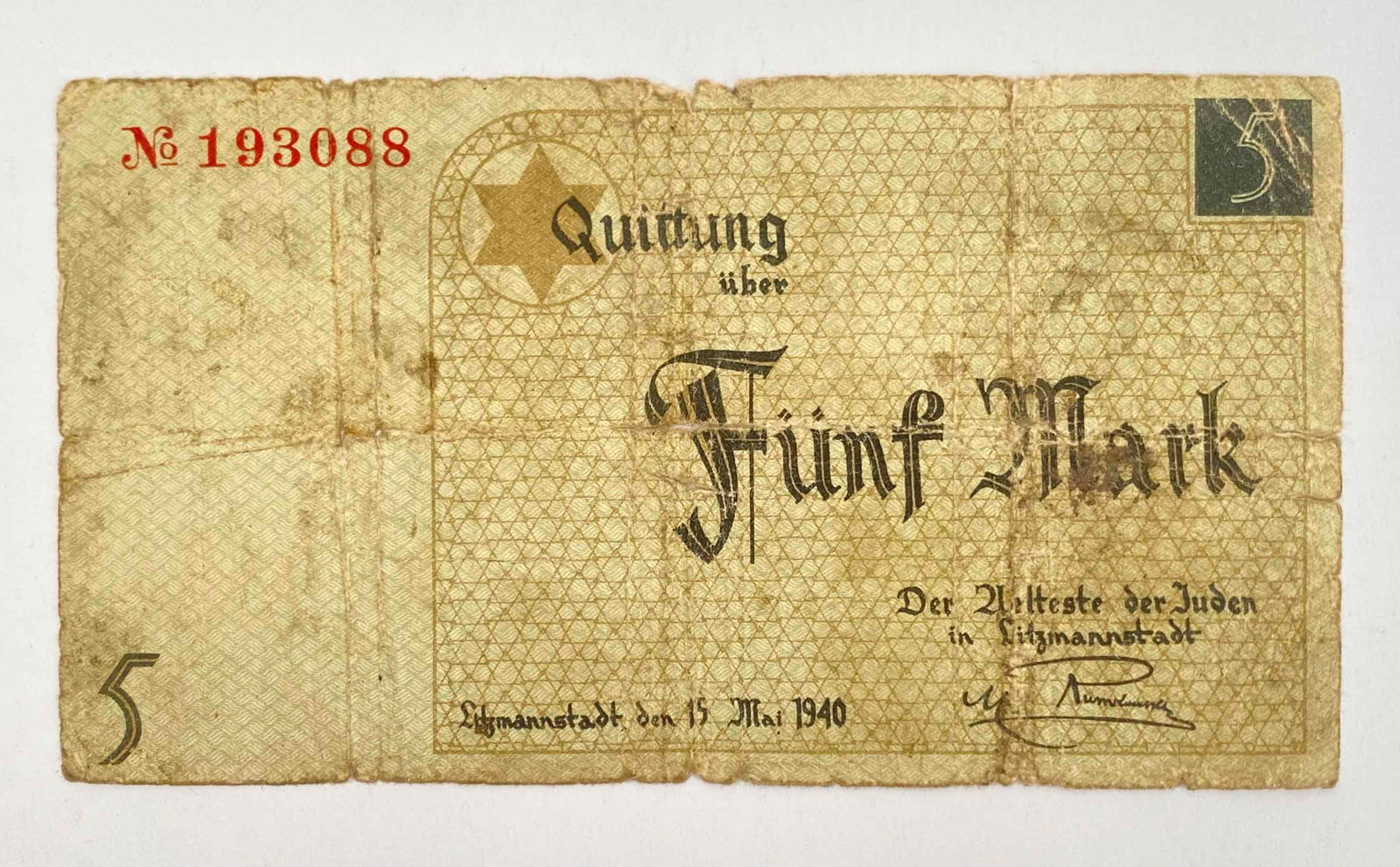 World War II Litzmannstadt Ghetto Banknote 5 Marks c. 1940 (1 of 8)