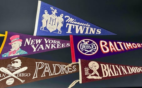 Five Vintage Baseball Pennants - Dodgers, Orioles, Padres, Twins, Yankees