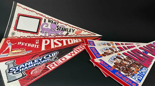 Six Vintage Detroit Team Pennants - Red Wings and Pistons