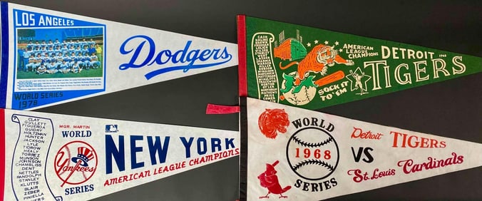 Four Vintage World Series Baseball Pennants - Dodgers, Yankees, Tigers, and Cardinals