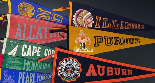 Eight Vintage School and Tourist Pennants - Includes Auburn, Illinois, Notre Dame, and Purdue