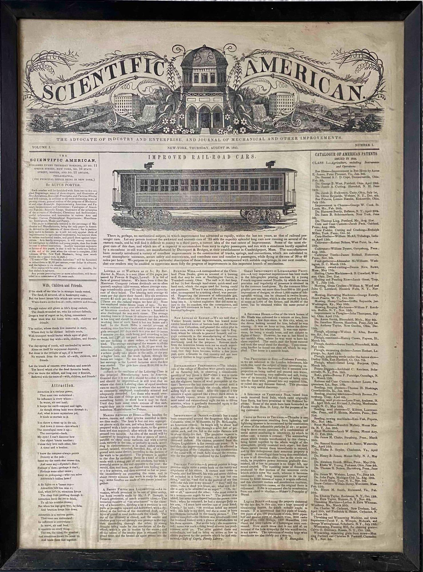 Scientific American Newspaper, "Improved Railroad Cars" (Vol 1, #1, August 28, 1845) (1 of 8)