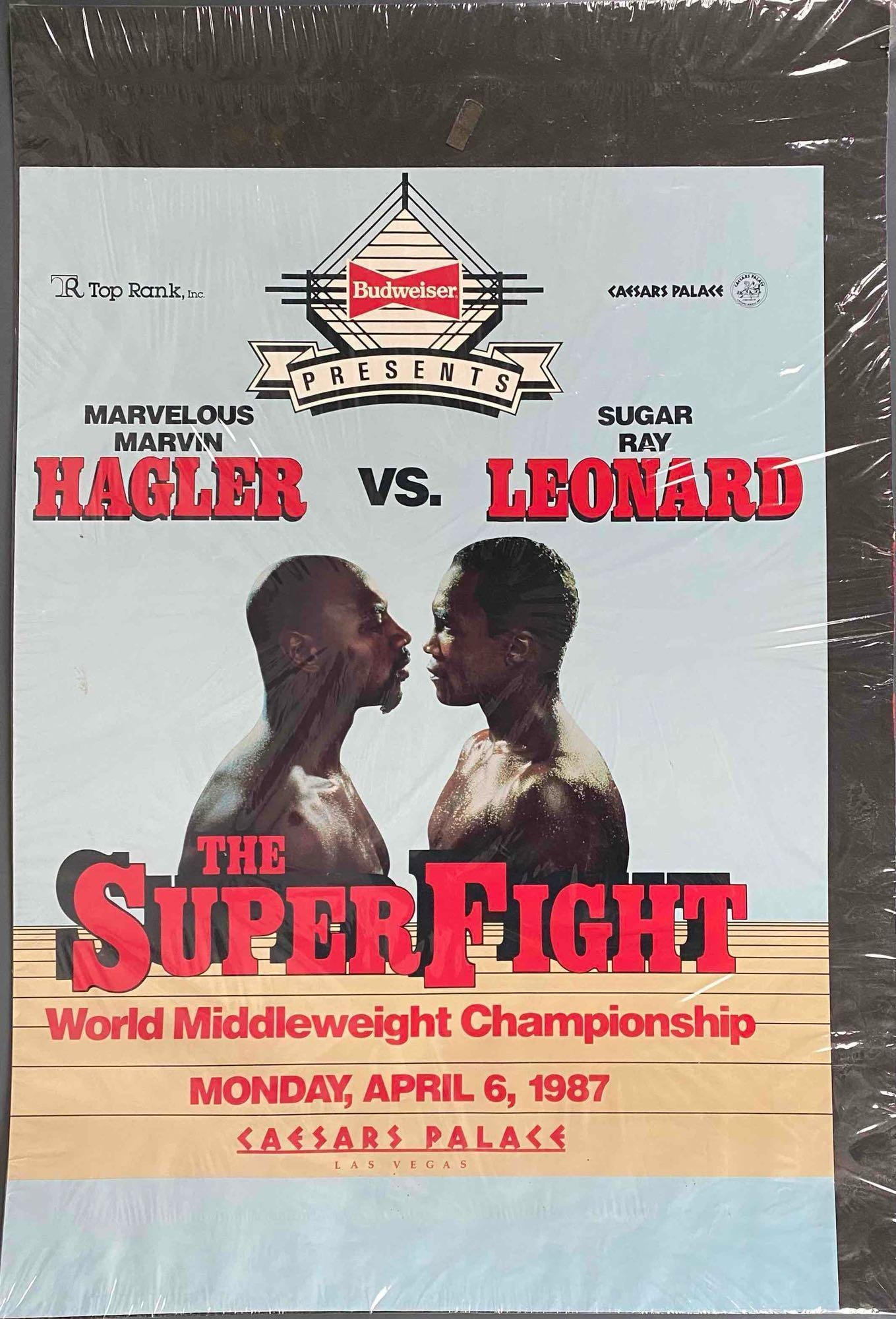 Marvelous Marvin Hagler vs Sugar Ray Leonard, "The Super Fight" April 6, 1987 Original Poster: Marvelous Marvin Hagler vs Sugar Ray Leonard, "The Super Fight" April 6, 1987 Poster. Lot is in excellent condition, Protected in plastic on board. Please see photos for additional details. Dimensions