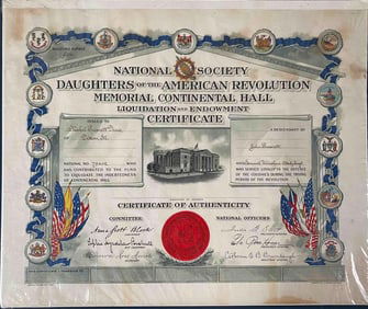 National Society of Daughters of the American Revolution Certificate