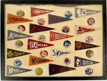 Collection of Vintage Mini Pennants and Pins for American League Baseball, ca 1950