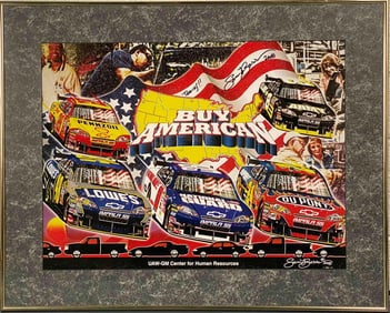 UAW-GM Chevrolet "Buy American" Framed NASCAR Poster, signed by racer Sam Bass 2008