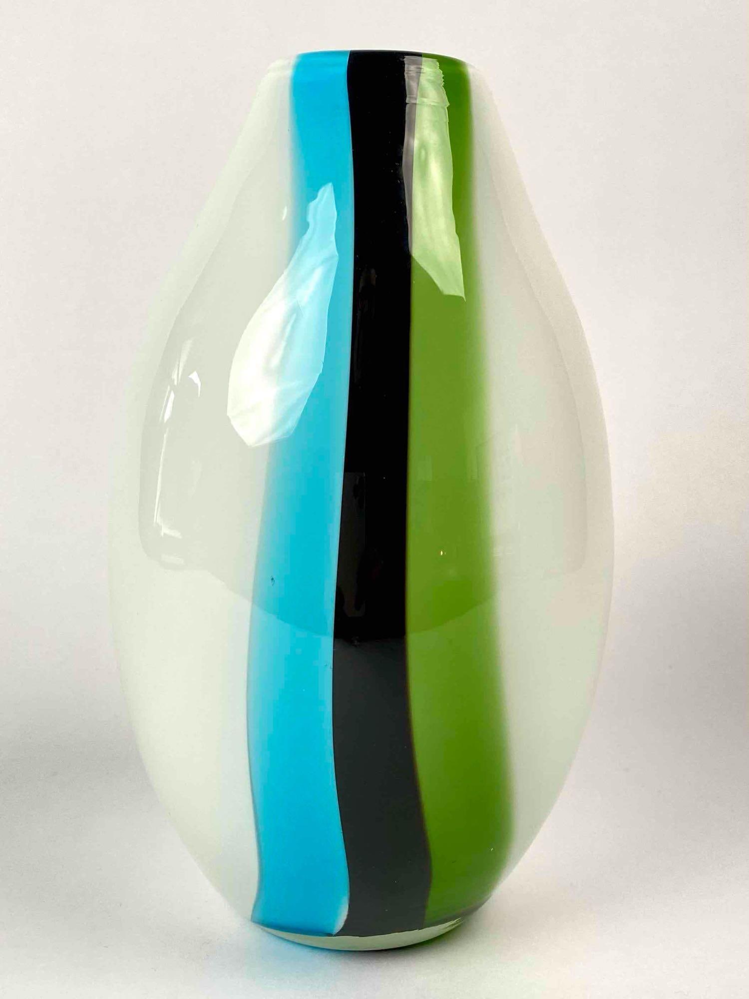 Murano Glass Vase - Black, Blue, Green Stripe on White (1 of 5)