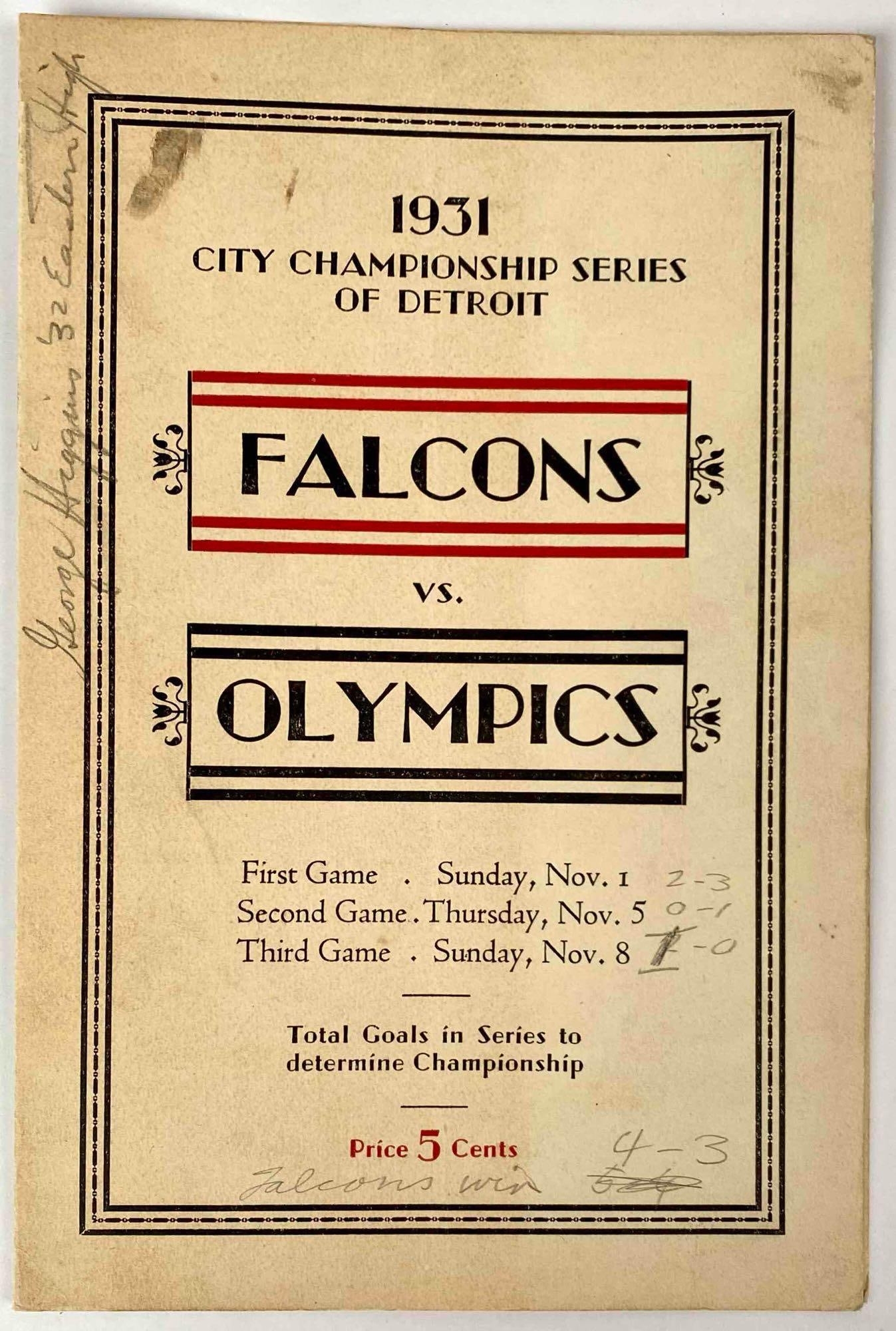 City Championship Series Score Card, Detroit Falcons Vs Ottawa Olympics, 1931 (1 of 4)