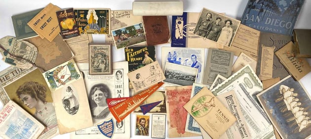 46 Misc Early Americana Ephemera - Post Cards, Labels, Books, Letters, Photographs, etc