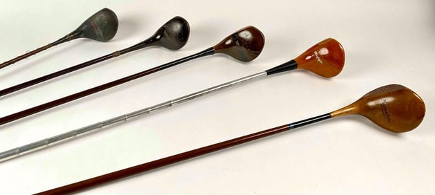Five Vintage Wood Club Golf Clubs
