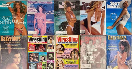 Eighteen Sports Illustrated Swimsuit, Wrestling, and Easyriders Magazines