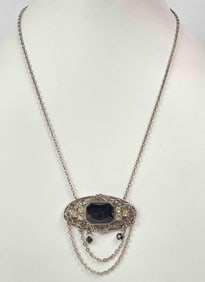 Antique Silver Tone Necklace with Black Glass and Rhinestones (Art Nouveau)