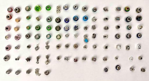 Ninety-three Sterling and Glass Charms for Pandora-Style Jewelry, including Pandora Brand