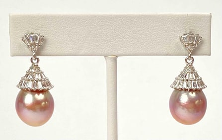 Pair of Sterling Silver Teardrop Post Earrings with Pink Cultured Pearls