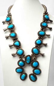 Native American Sterling Silver and Turquoise Squash Blossom Necklace