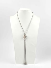 Silver Toned Pearl Bolo Tie Necklace