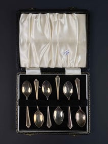 Set of Antique Sterling Silver Sugar Spoons with Leather Case