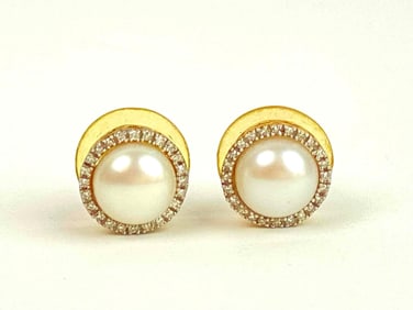 10K Yellow Gold, Peal, and Diamond Stud Earrings