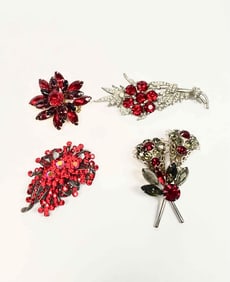 Four Red Rhinestone Costume Jewelry Brooches