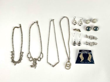 Assorted Rhinestone and Silver Toned Jewelry (Necklaces, Earrings)