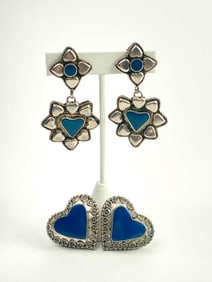 Two Pairs of Blue Heart Enamel Clip On Earrings