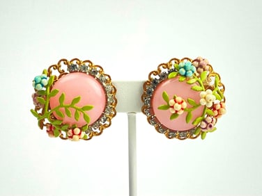 Vintage Floral and Rhinestone Clip On Earrings