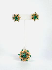 Faux Emerald and Gold Brooch and Earrings