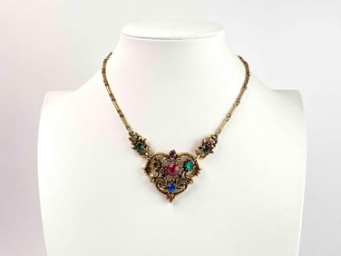 Vintage Coro Rhinestone Heart Shaped Pendant Necklace