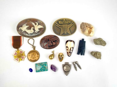 Group of Assorted Pendants, Belt Buckles, and Stones