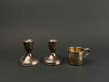 Sterling Silver Candle Stick Holders and Baby Mug