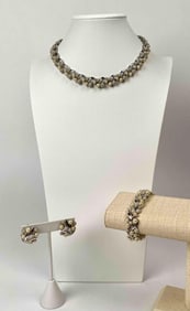 Vintage Trifari Faux Pearl and Rhinestone Necklace, Bracelet, and Earrings Set