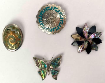 Four Sterling Silver and Natural Stone Vintage Mexican Brooches