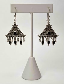 Sterling Silver and Onyx Triangle Dangle Earrings