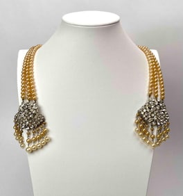 Long Faux Pearl Stranded Brooch with Rhinestones