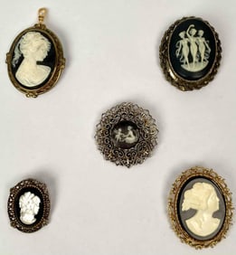 Five Victorian Cameo Pendants and Brooches