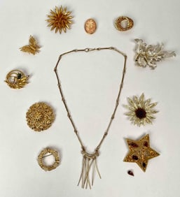 Ten Vintage Gold Tone Brooches and Gold Tone Necklace (Sarah Coventry, Trifari, and Monet)