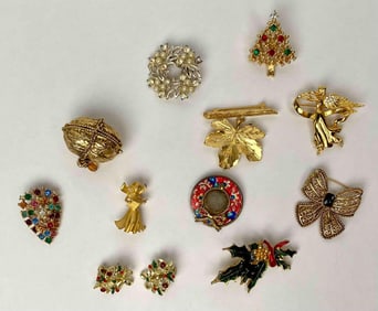 Vintage Brooches, Holiday Jewelry, and Hinged Walnut