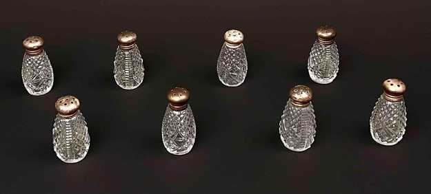 Set of Eight Crystal and Sterling Silver Salt and Pepper Shakers