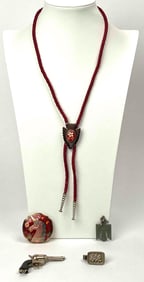 Vintage Jewelry including Bolo Tie, Tie Clip, Unicorn Belt Buckle, and Pendants
