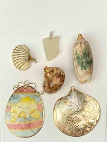 Six Vintage Sea Shell and Sea Glass Pendants