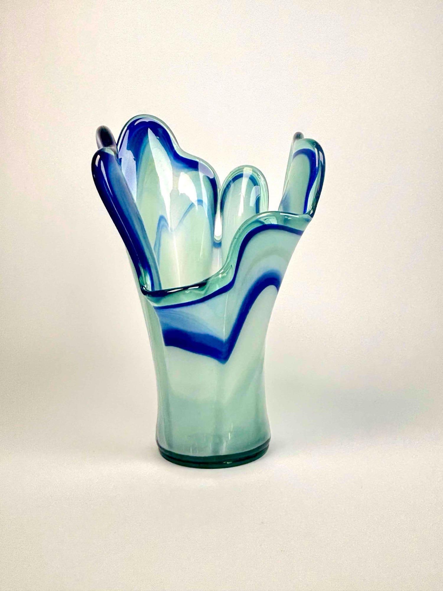 Murano Handkerchief Vase (Italy): Murano handkerchief vase in robins egg blue and navy. (Italy) Vase has a chip as pictured. Please see photos for additional details. Please note all lots show signs of wear commensurate with age and u