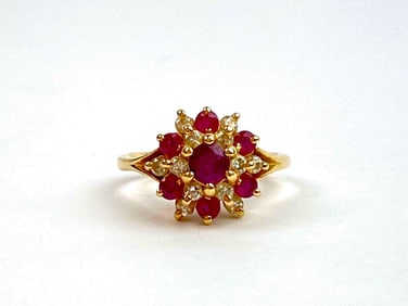 14K Gold, Ruby, and Diamond Cluster Ring