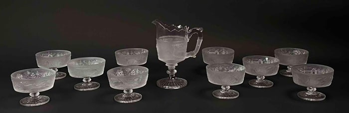 Westward Ho - Antique Pressed Glass Pitcher and Dessert Dishes