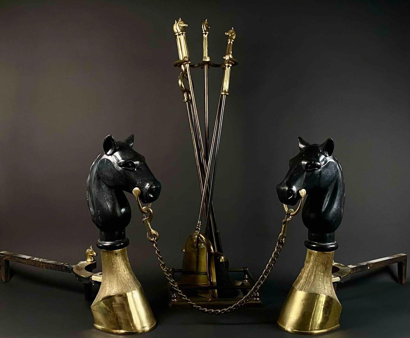 Vintage Equestrian Brass Horse Head Fireplace Tool Set and Andirons (1 of 12)