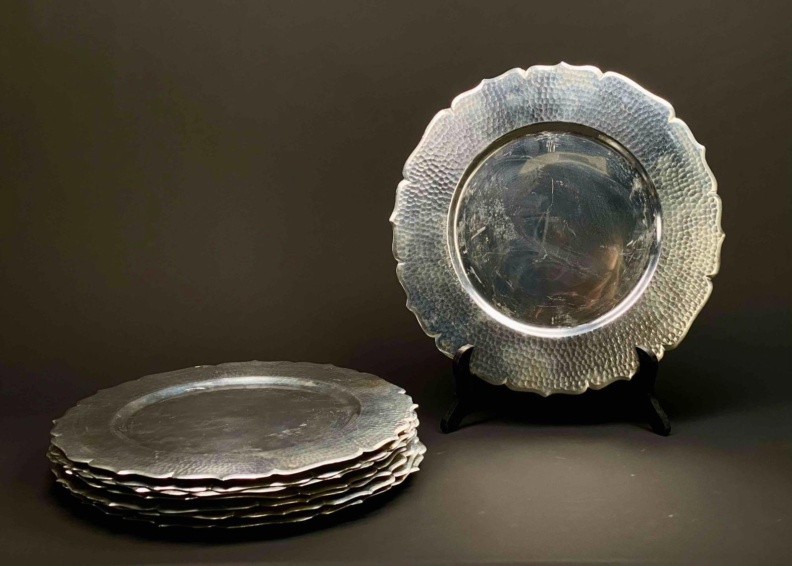 Silver-tone Metal Chargers (Indonesia): Silver-tone Metal Chargers for Table Setting. Made in Indonesia. "A. T. R. Posima" etched in each. Lot is in good to excellent condition. Please see photos for additional details. Dimensions of each: 